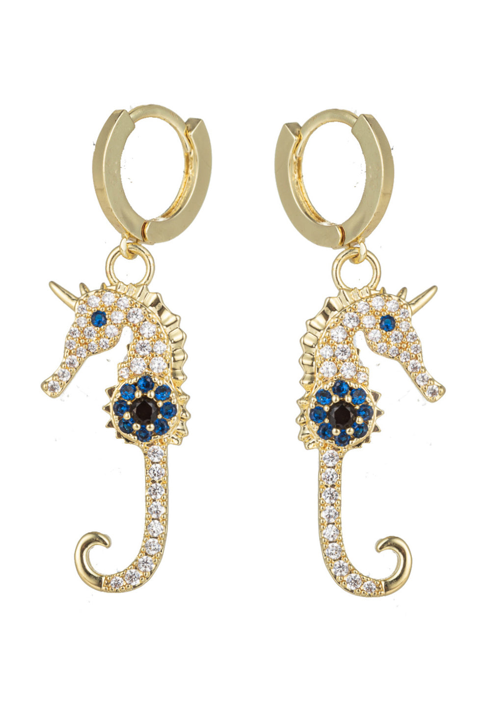 Seahorse huggie earrings studded with CZ crystals.