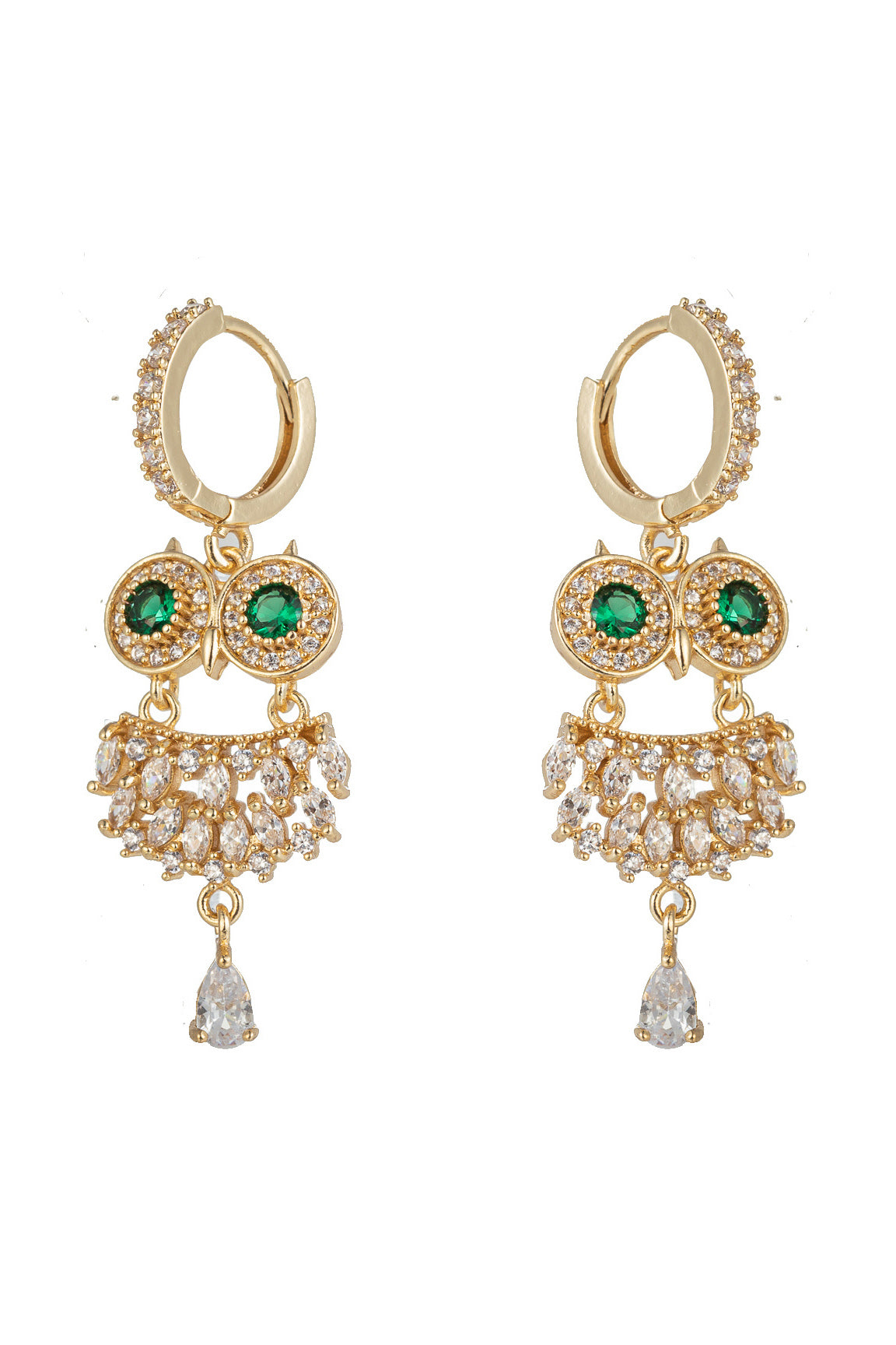 Owl statement earrings studded with CZ crystals.