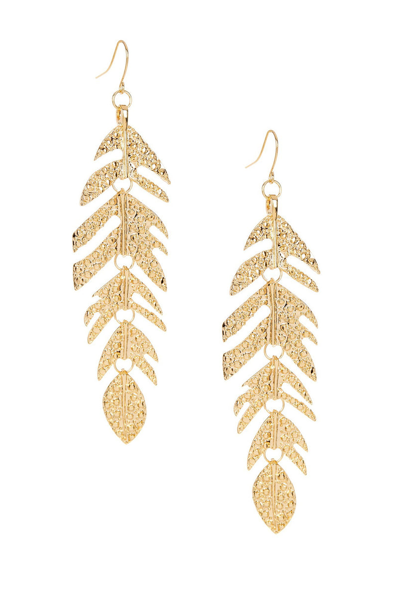 Gold tone brass feather statement earrings.