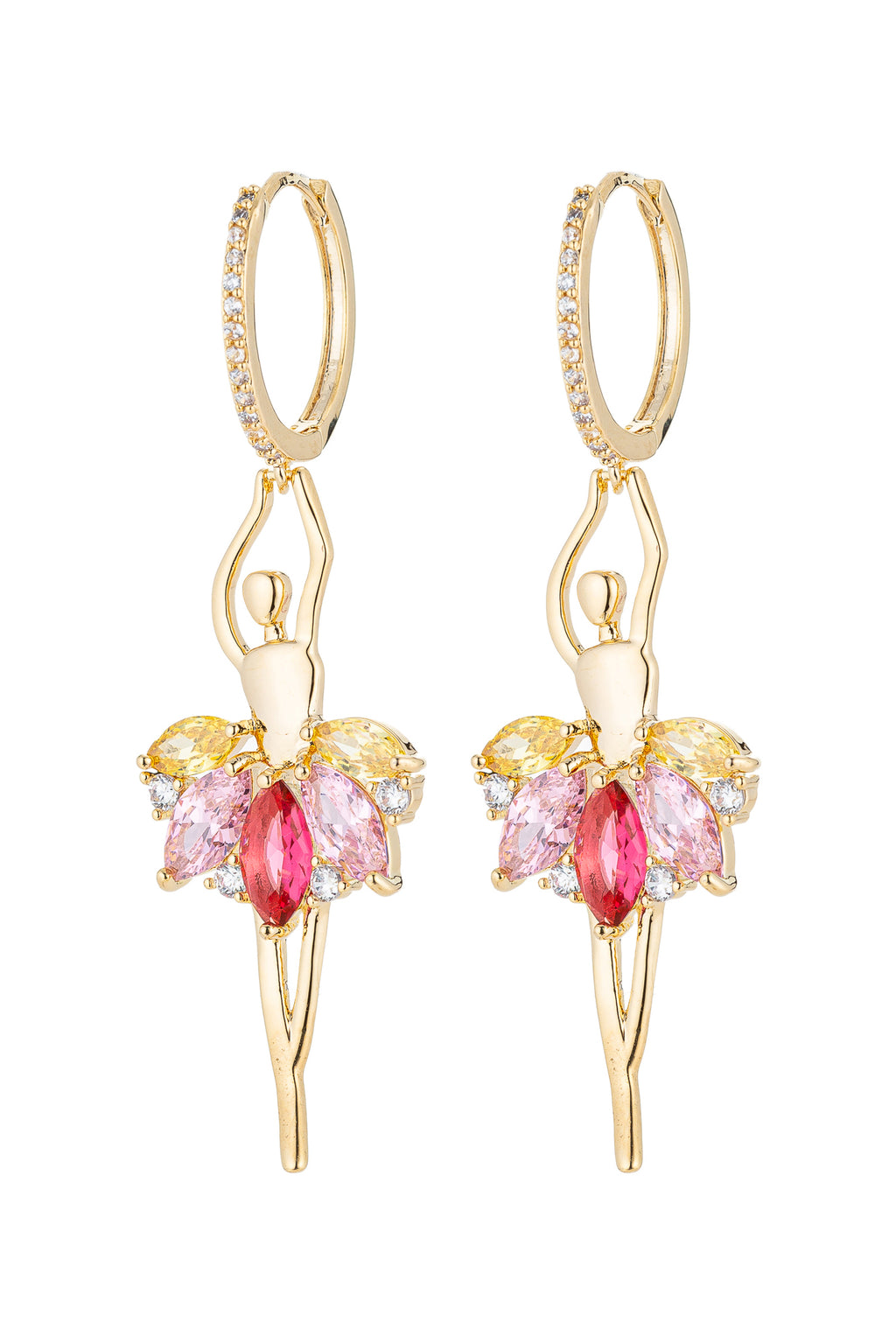 Pink ballerina huggie drop earrings studded with CZ crystals.