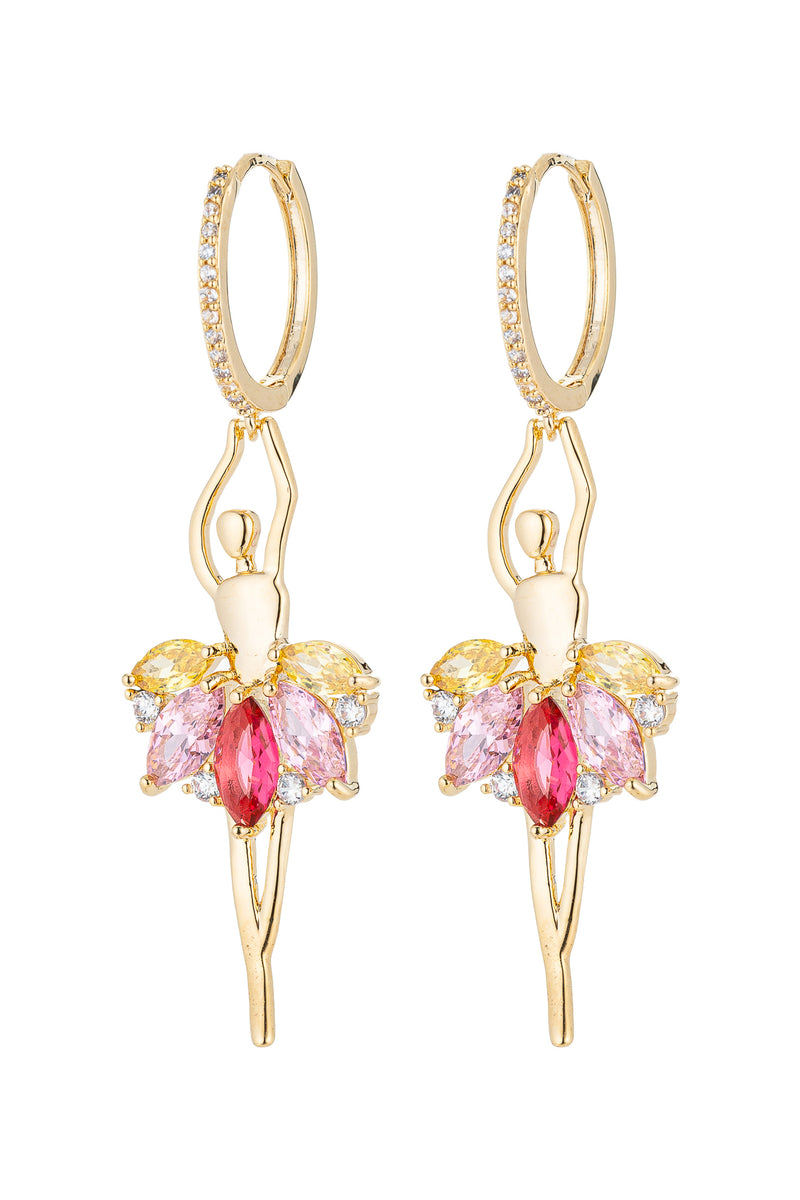 Pink ballerina huggie drop earrings studded with CZ crystals.