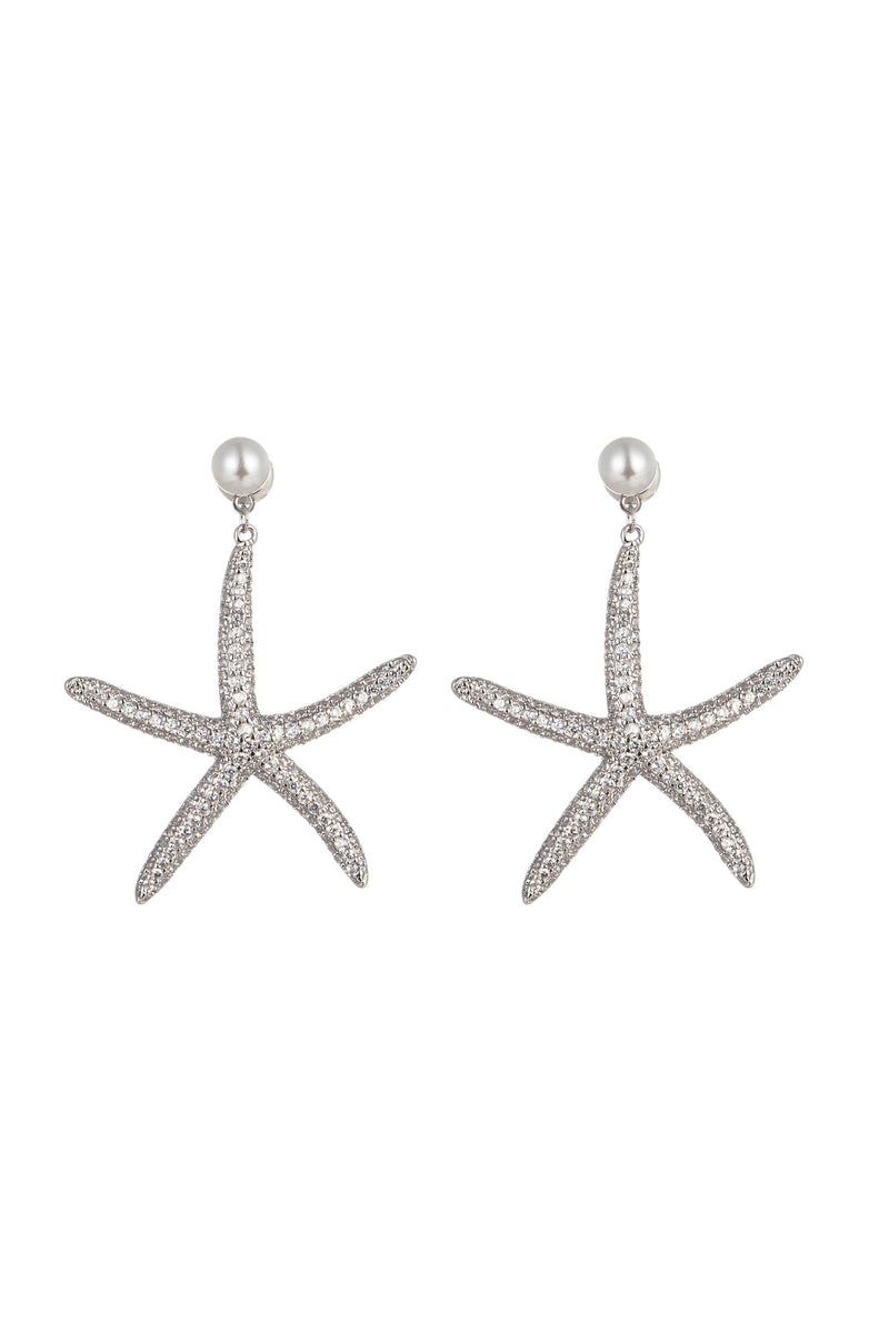 Silver tone brass starfish earrings studded with CZ crystals.