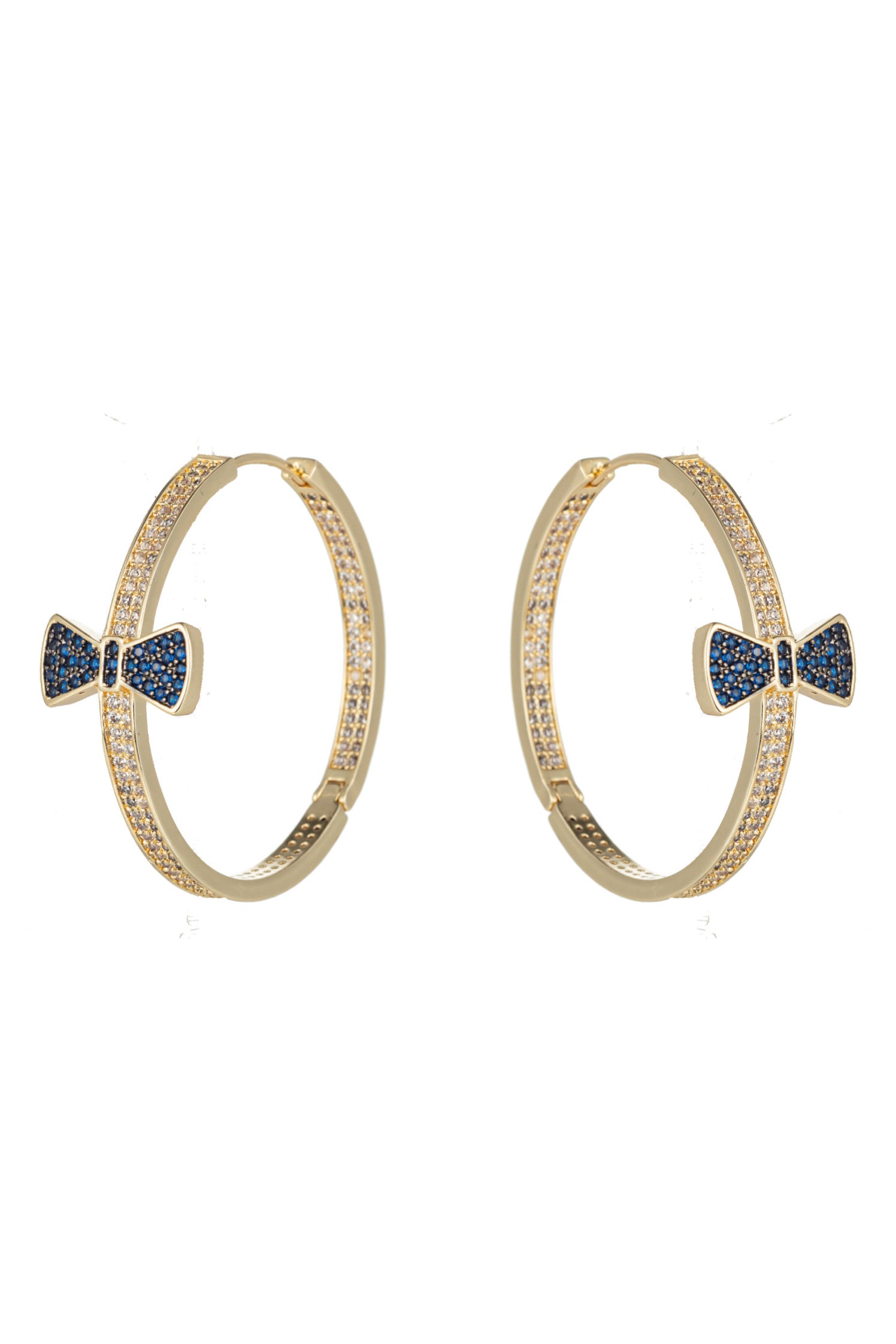 Blue bow loop earrings studded with CZ crystals.