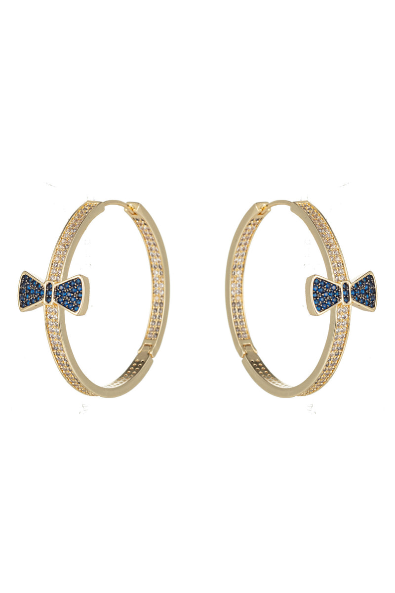 Blue bow loop earrings studded with CZ crystals.