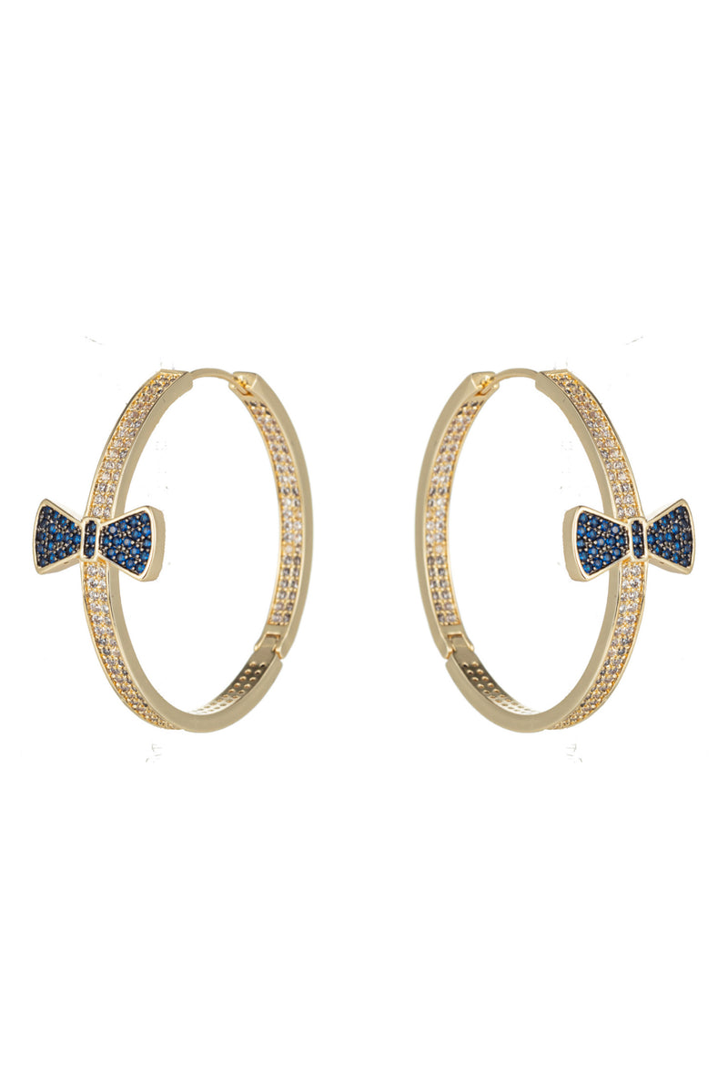 Blue bow loop earrings studded with CZ crystals.