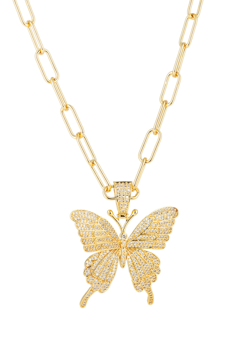 Butterfly pendant necklace studded with CZ crystals.