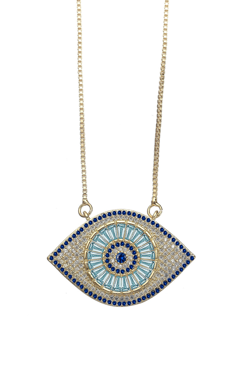 Sterling silver necklace with an 18k gold plated brass evil eye pendant.