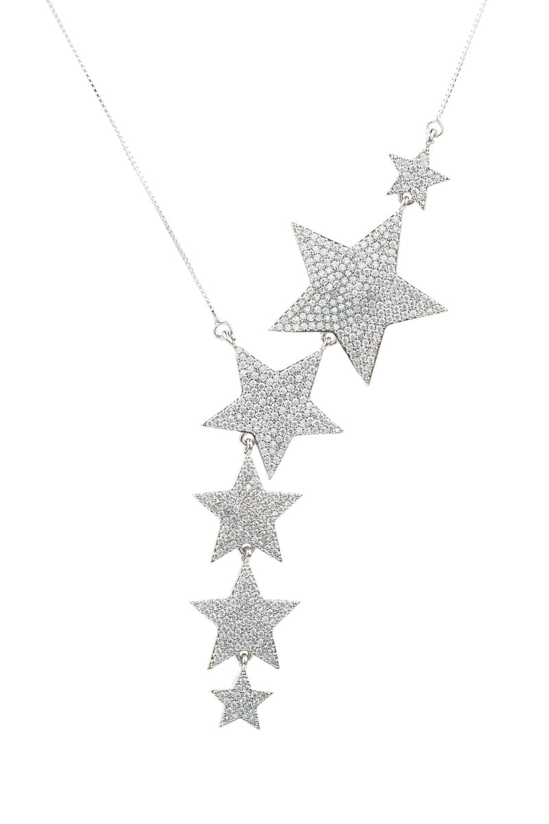 Silver tone brass star pendant necklace studded with CZ crystals. 