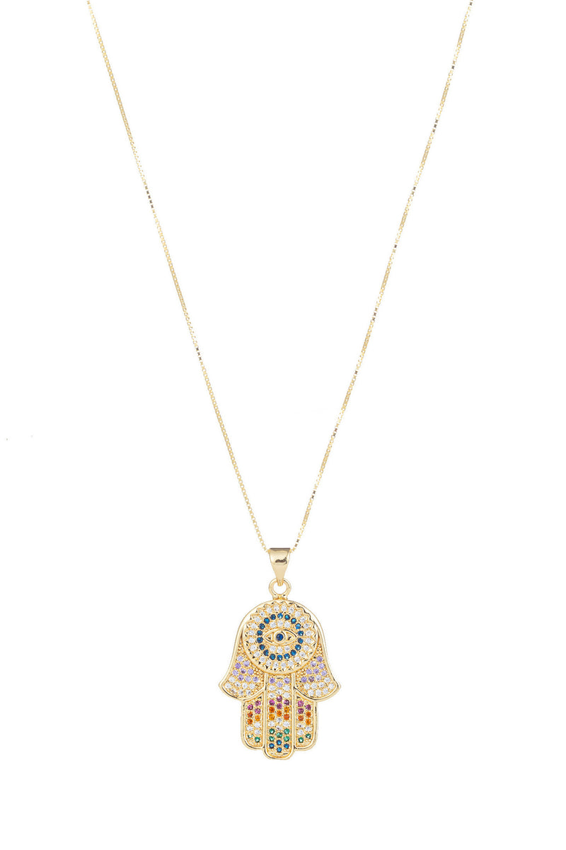 18k gold plated sterling silver chain with a hamsa brass pendant.