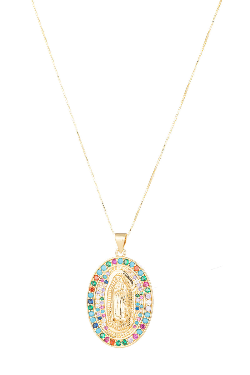 Virgin Mary pendant necklace studded with CZ crystals.