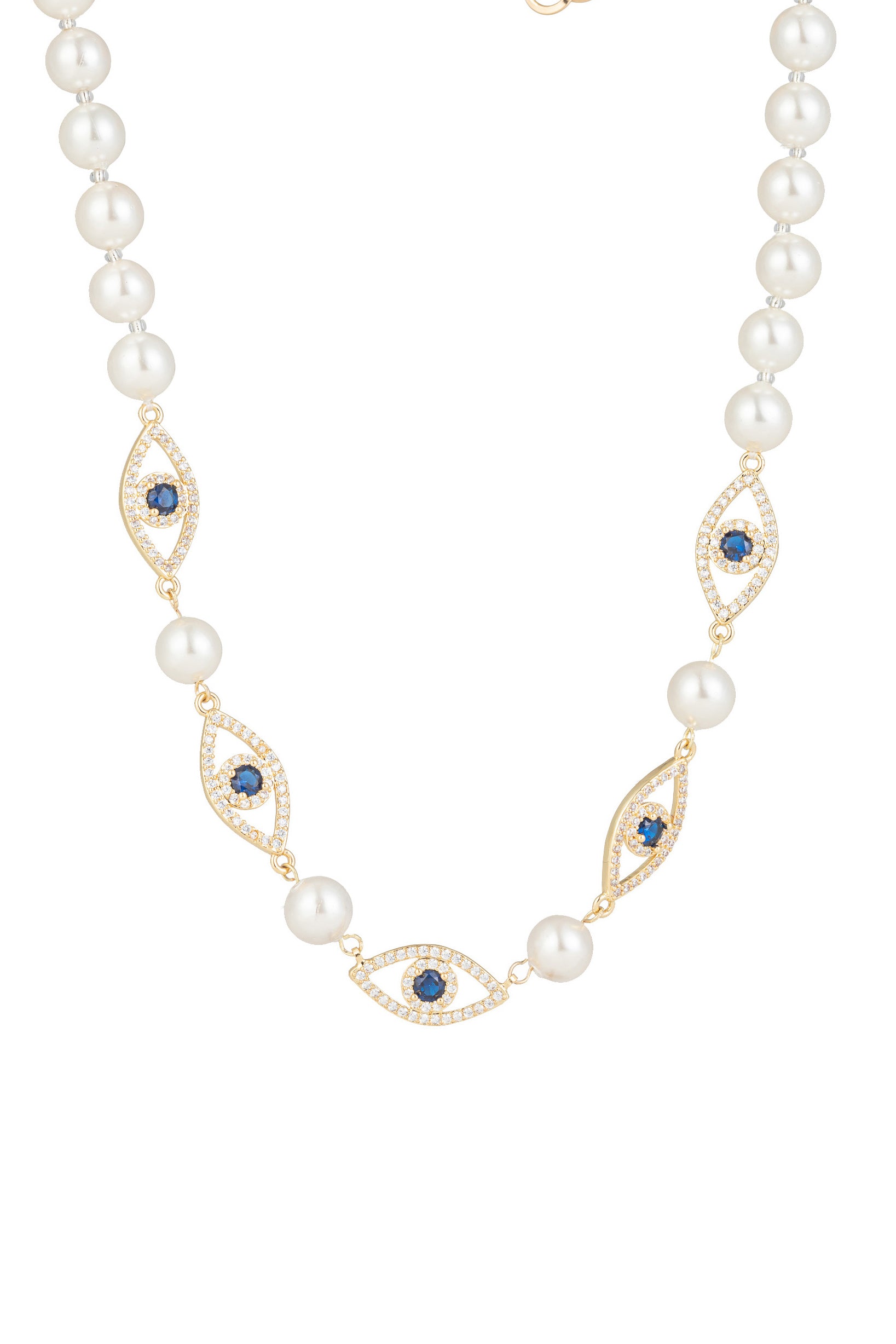 Eye pendant necklace studded with CZ crystals on a shell pearl band.