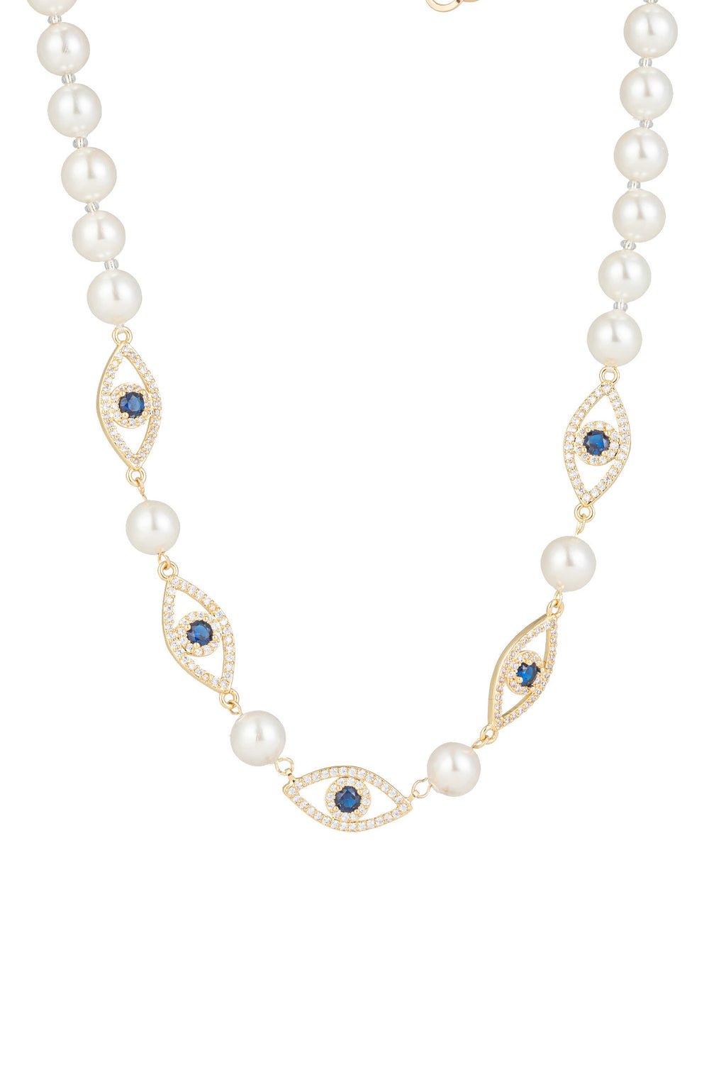 Eye pendant necklace studded with CZ crystals on a shell pearl band.