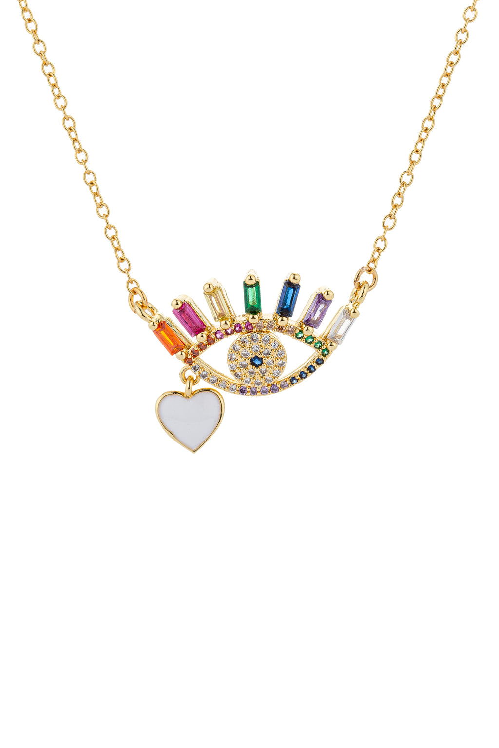An eye heart pendant necklace studded with rainbow CZ crystals.