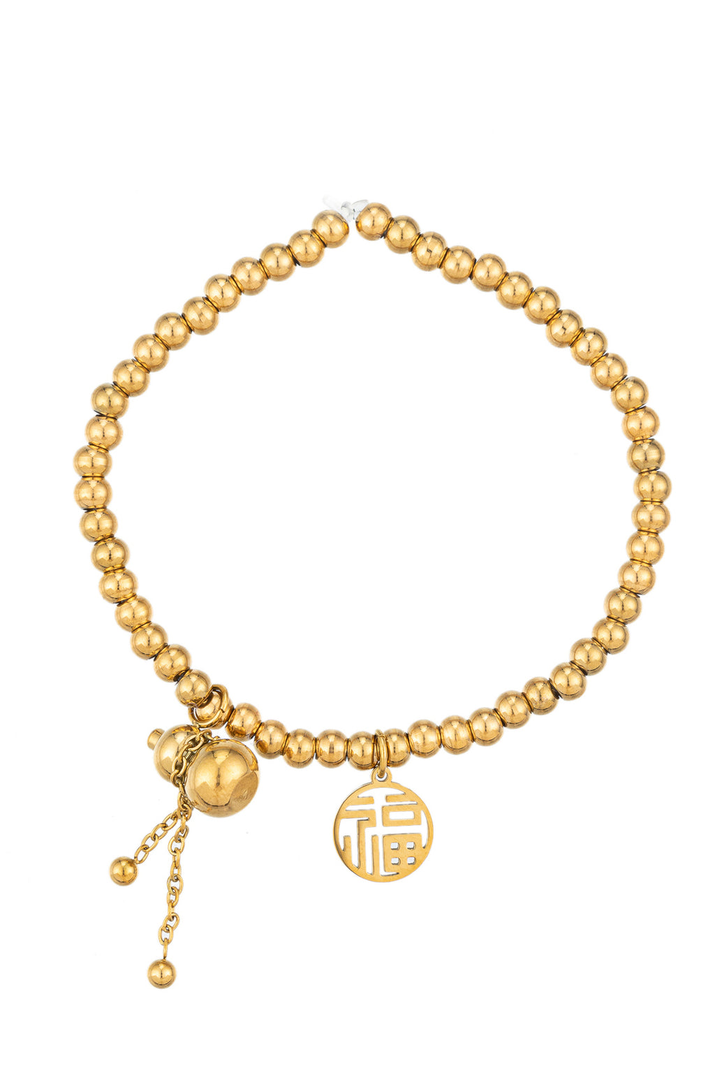 Gold tone titanium beaded bracelet with gold pendants.
