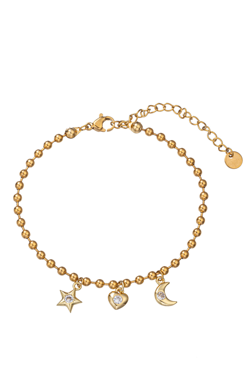 Gold tone titanium beaded bracelet with gold charm pendants.