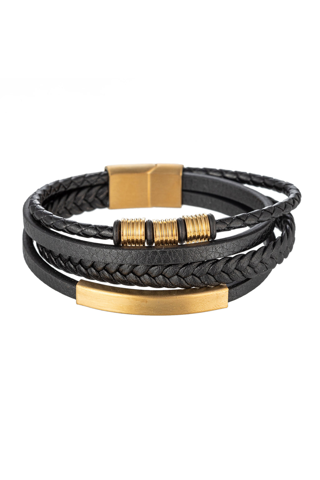 Gold tone titanium black leather band bracelet.