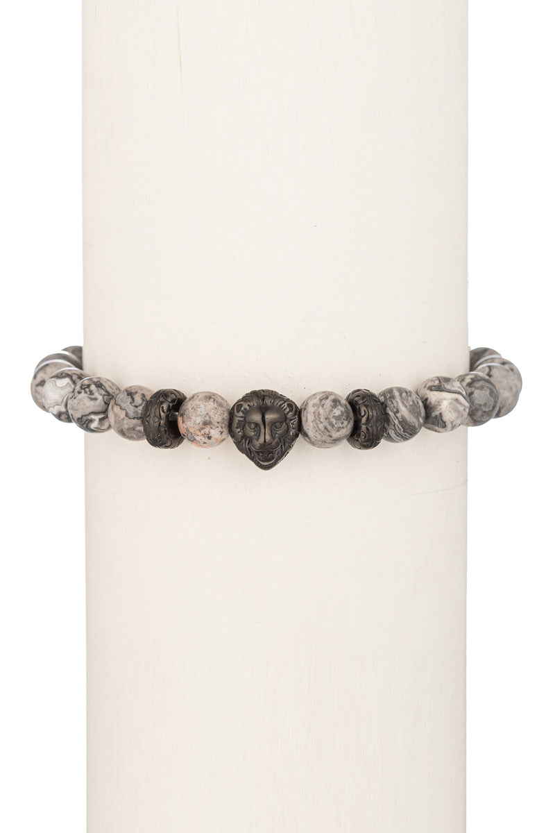 Lion Agate Beaded Bracelet - Silver