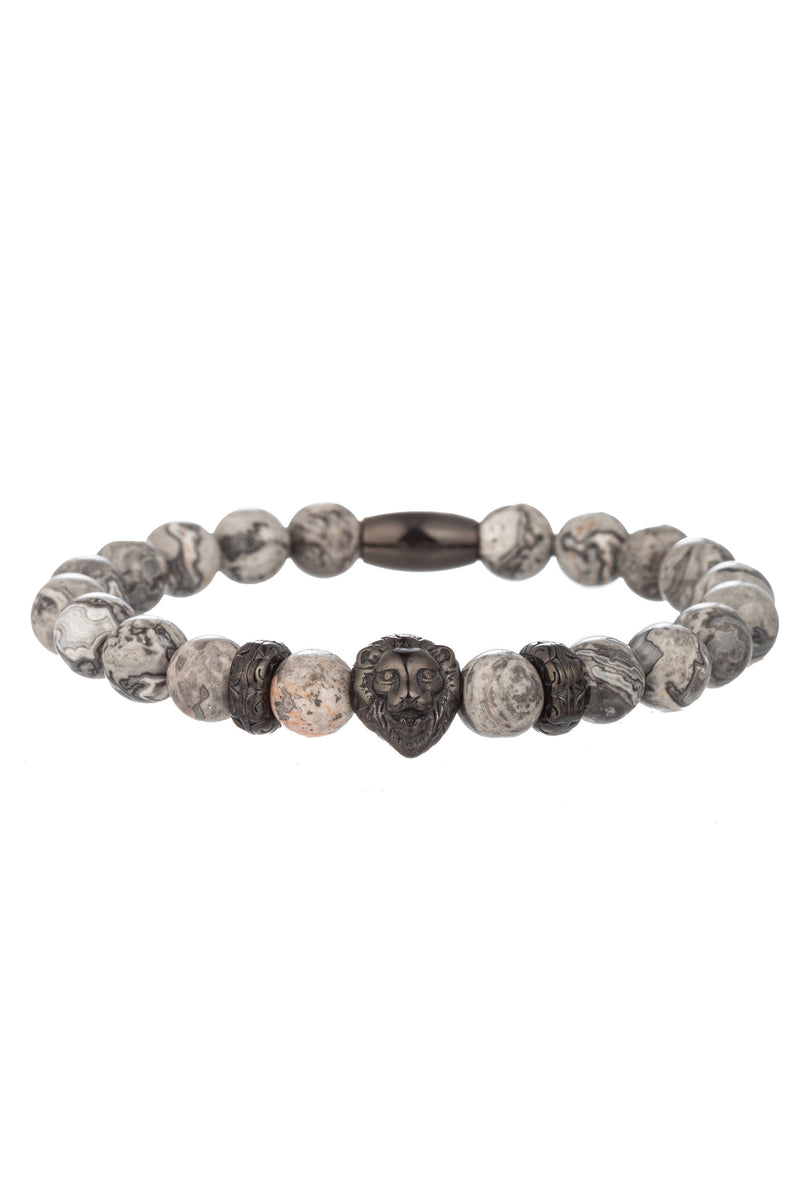 Silver tone titanium lion head pendant on an agate stone beaded bracelet.