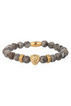 Gold tone titanium lion head pendant on an agate stone beaded bracelet.