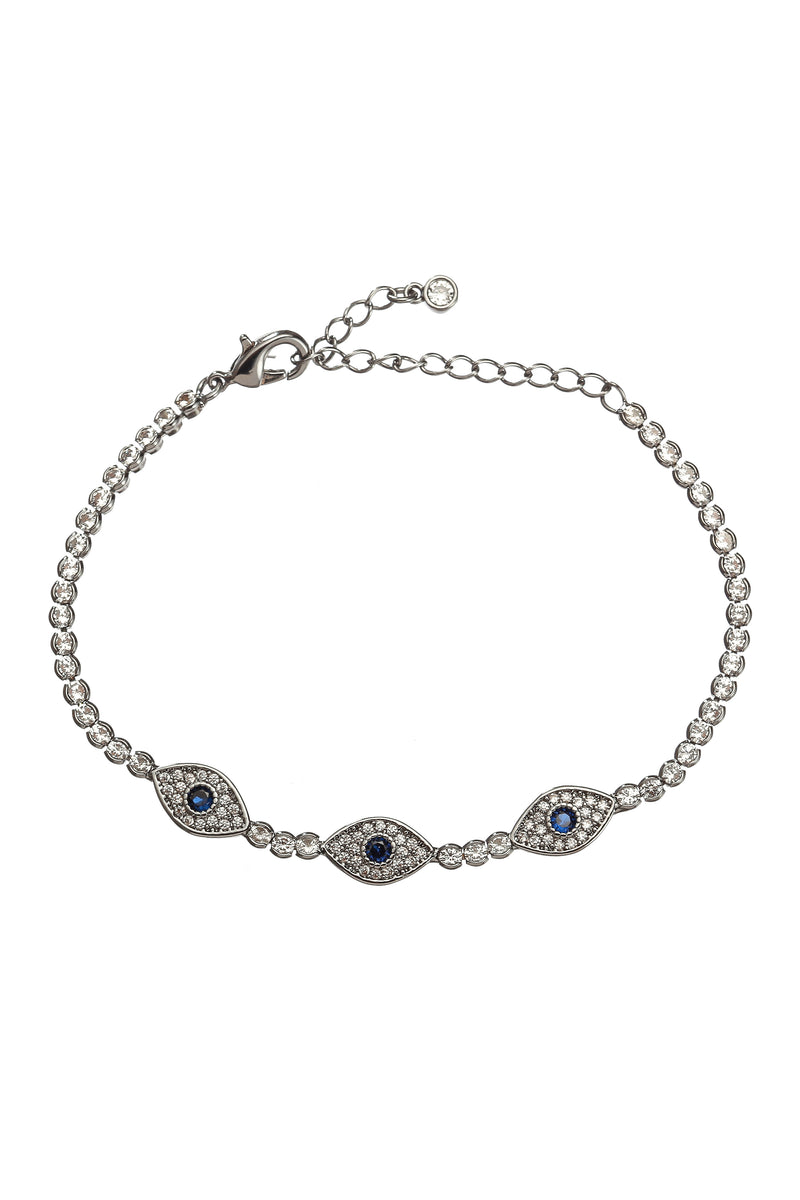 Silver triple evil eye charm bracelet studded with CZ crystals.