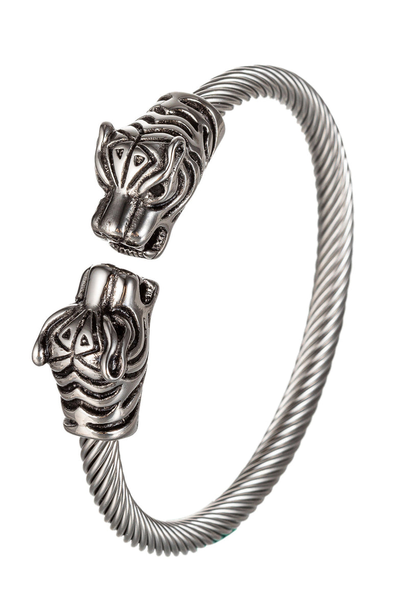 Embrace Elegance with the Silver-Tone Double Leopard Wire Cuff Bracelet.