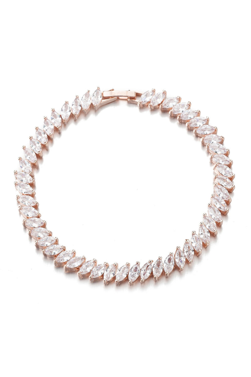 Rose gold bracelet with shiny cubic zirconia leaf shaped linked crystals.