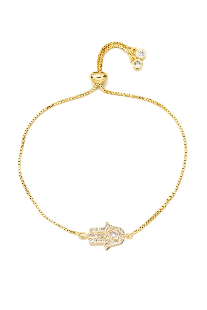 18k gold plated sterling silver bracelet with a brass hamsa pendant.