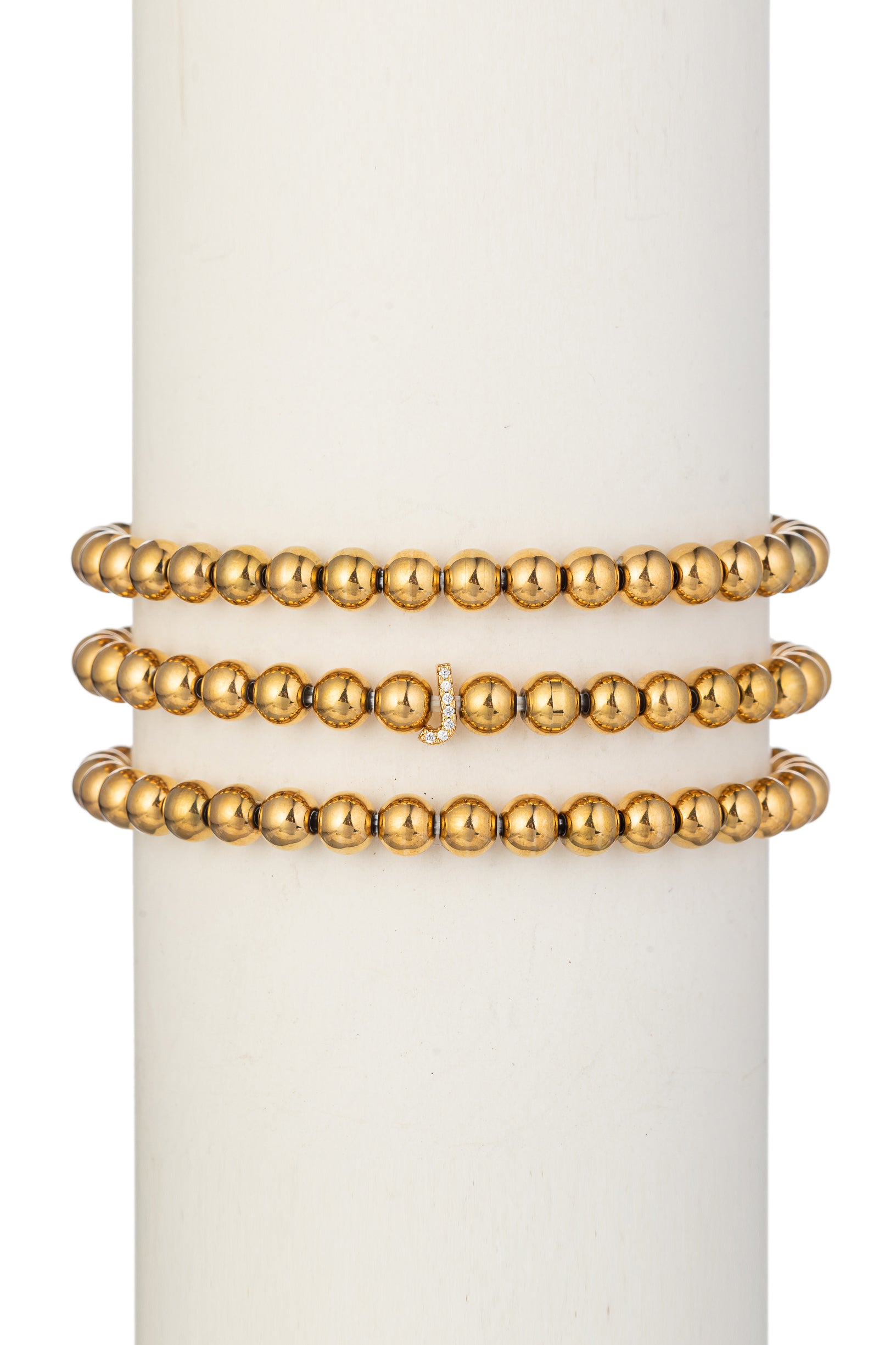 3 piece "J" initial titanium beaded bracelet set studded with CZ crystals.