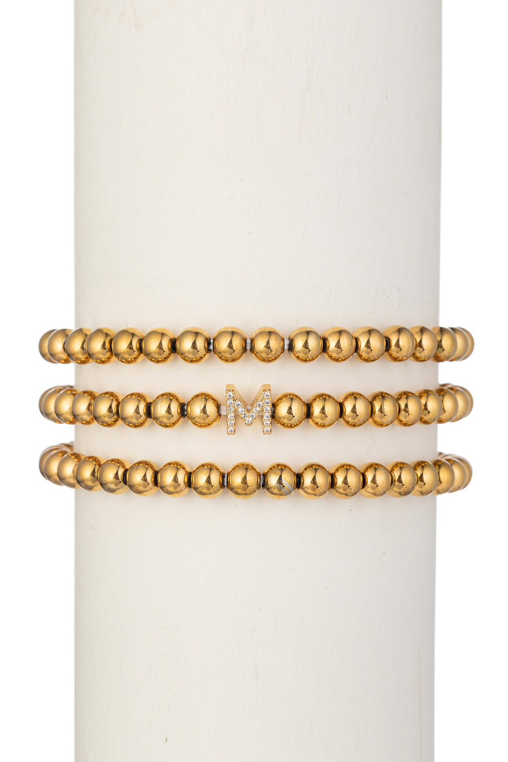 3 piece "M" initial titanium beaded bracelet set studded with CZ crystals.