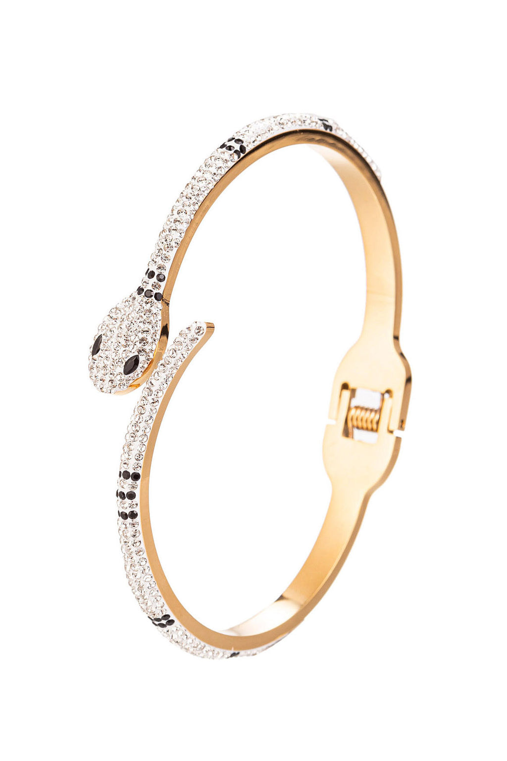 Gold brass snake bracelet studded with black and white CZ crystals.