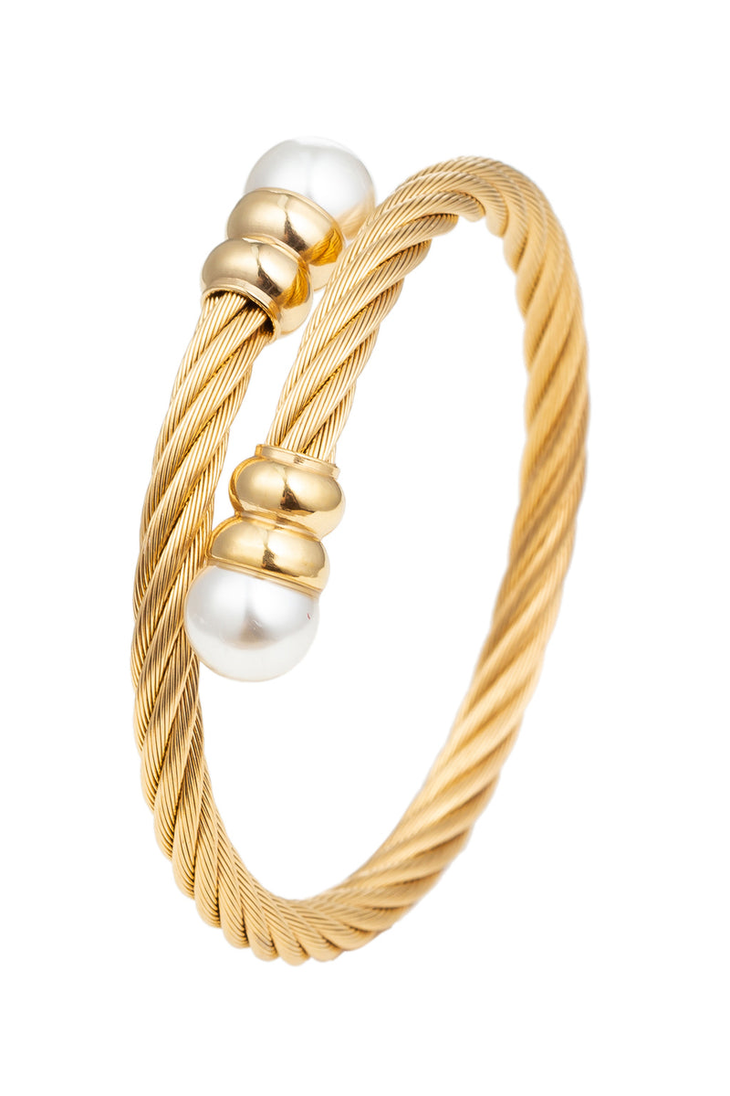 Gold wire cable titanium wrap cuff bracelet with glass pearls.