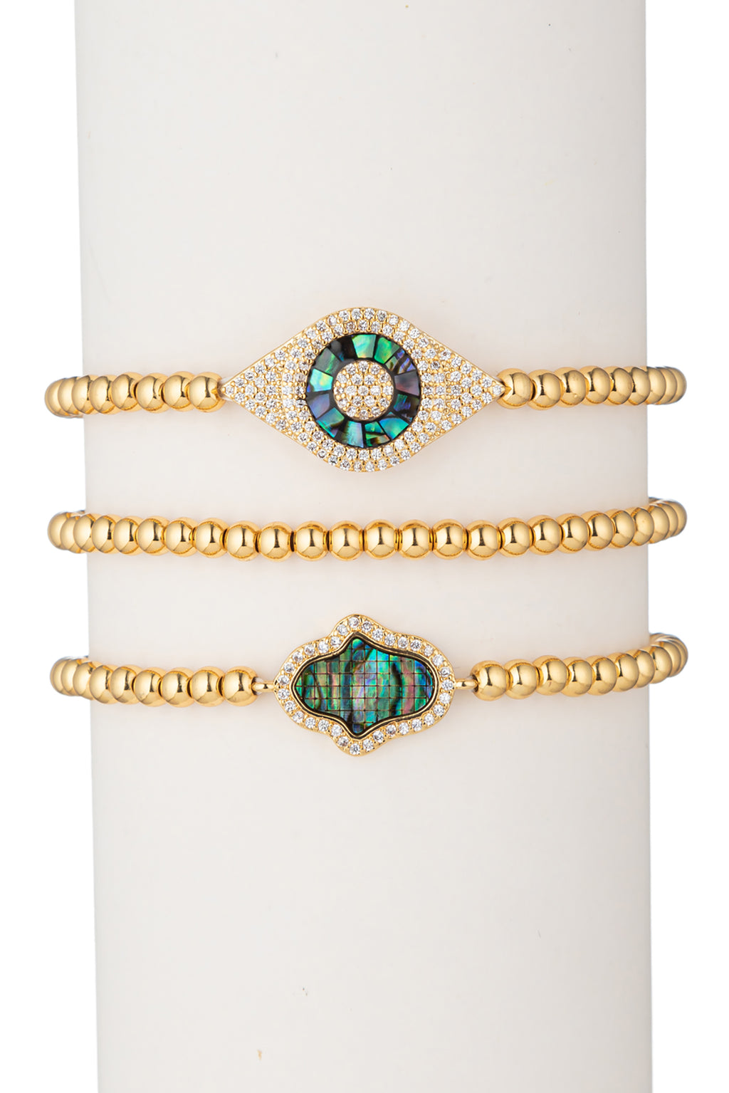 Gold Hamsa Evil Eye CZ 4mm Beaded Bracelet 3-Piece-Set - Laila