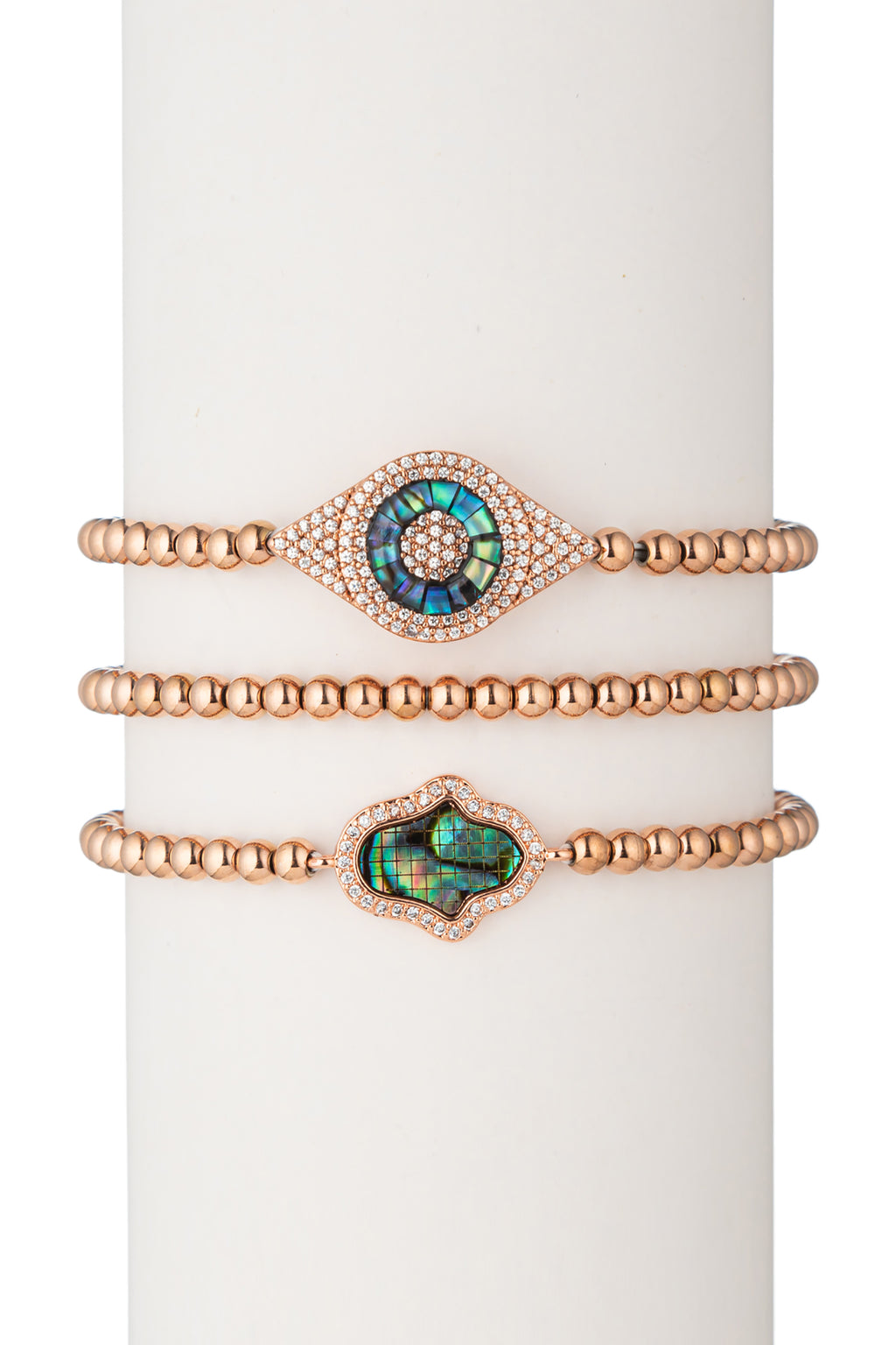 Rose Gold Beaded Hamsa Evil Eye Bracelet 3-Piece-Set - Laila