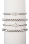 Silver tone titanium beaded bracelet set with CZ crystal evil eye and hamsa hand pendants.