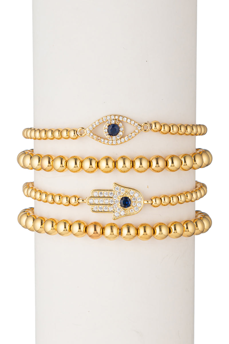 Gold Beaded Bracelet Stack with CZ Hamsa Evil Eye Bracelet Set - Yeira