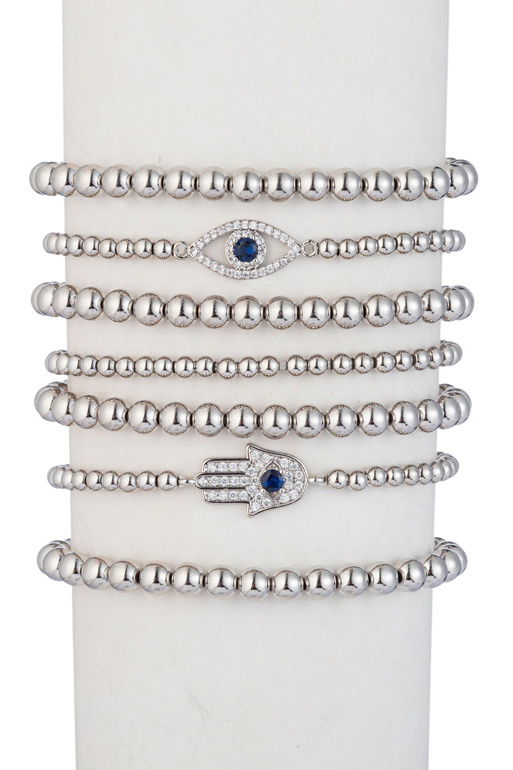Silver evil eye and hamsa hand beaded bracelet studded with CZ crystals.