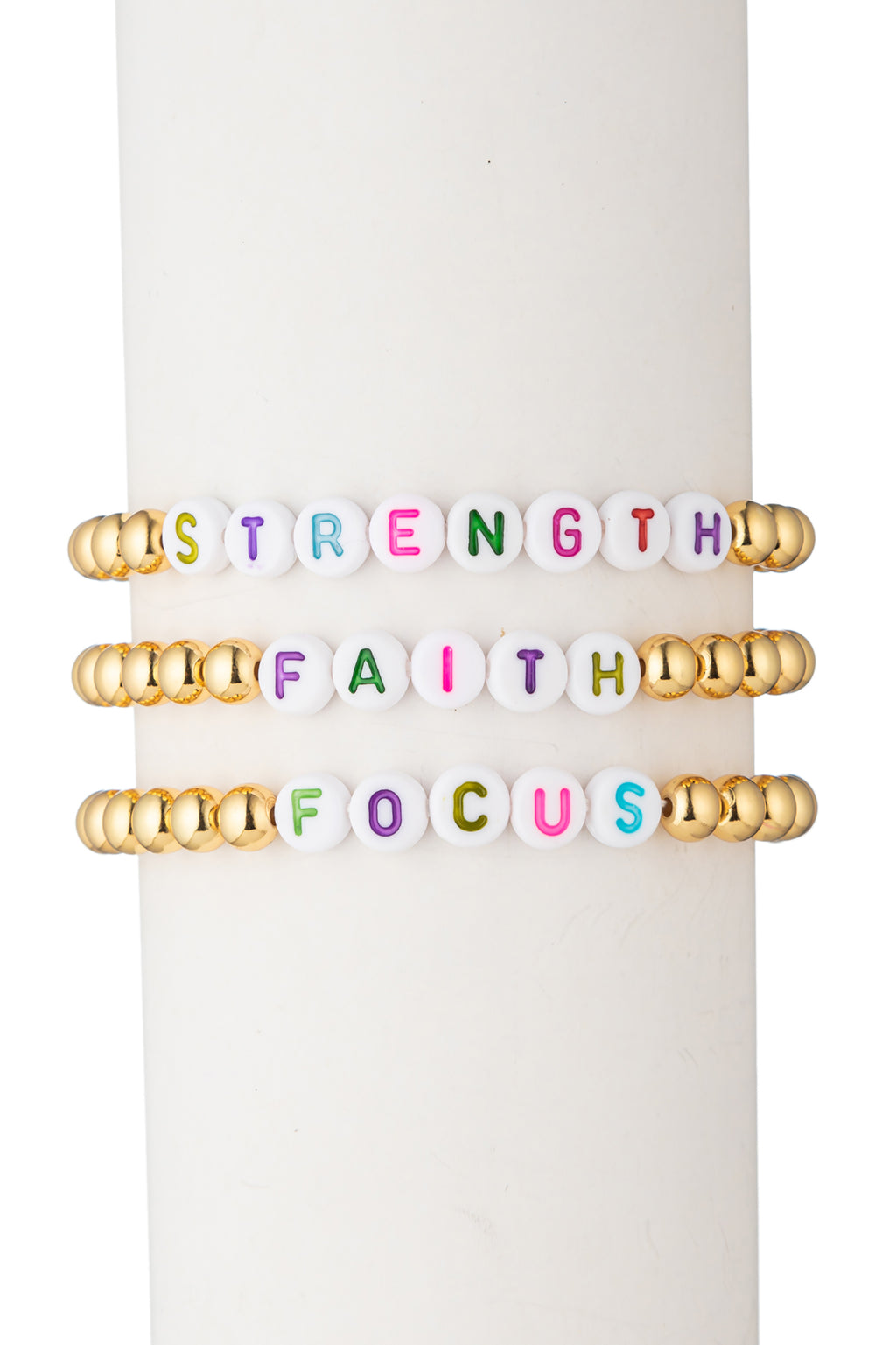 Strength, Faith, Focus Lettering Beaded Bracelet, 3-Piece-Set