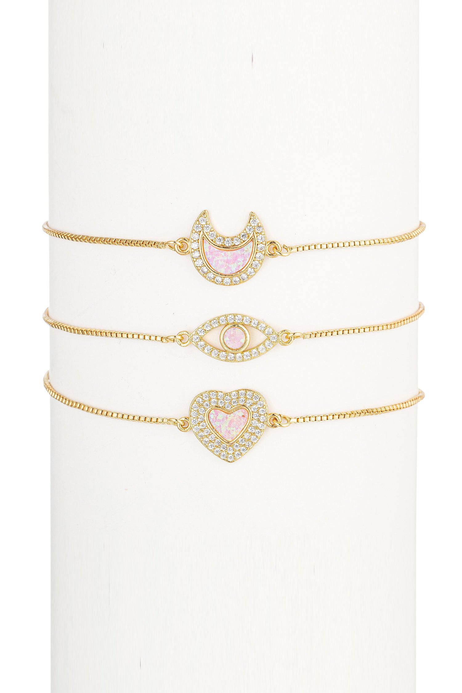 Pink Opal Moon, Heart, & Eye Bracelet