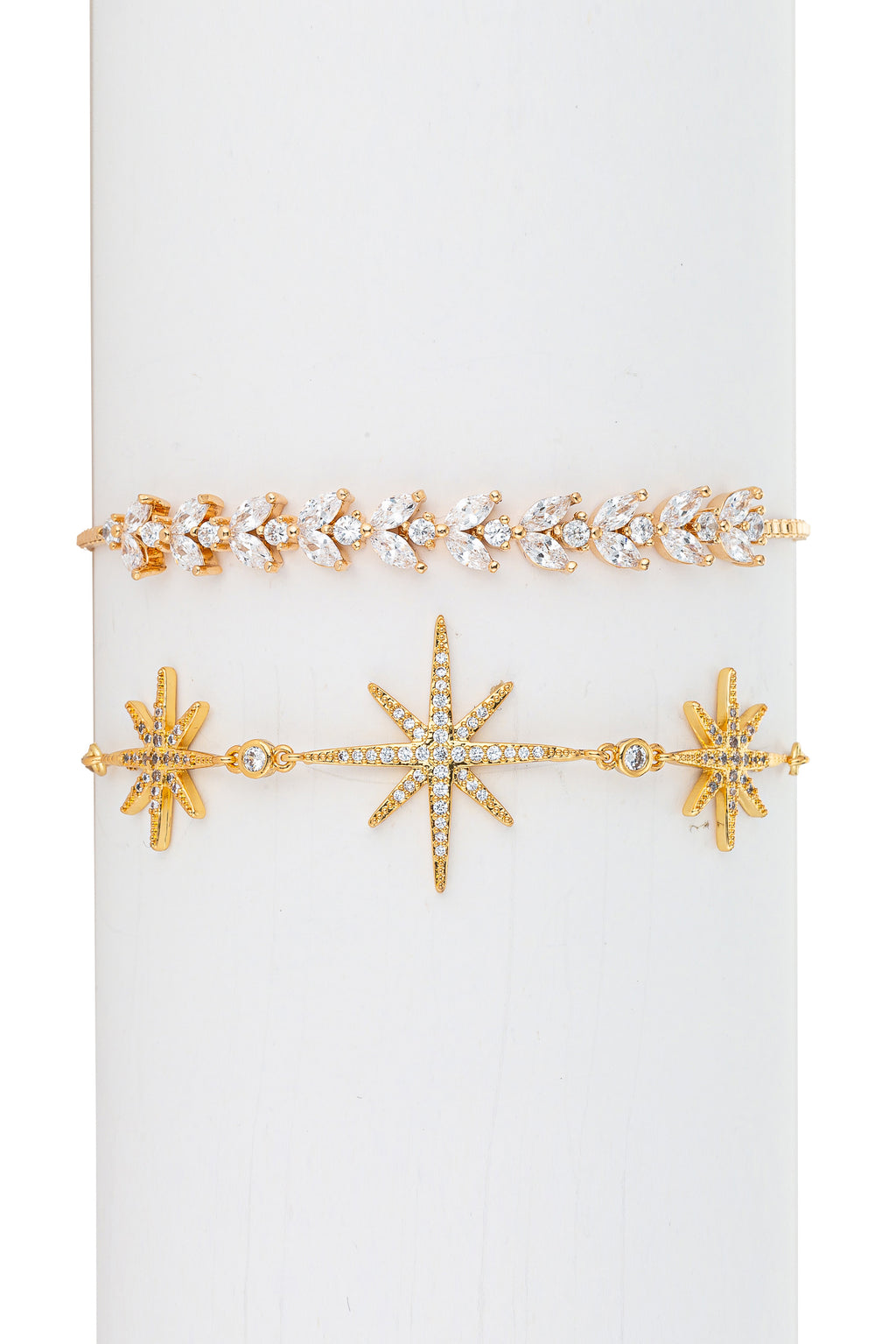 North Star & leaf 18k gold plated bracelet set studded with CZ crystals.