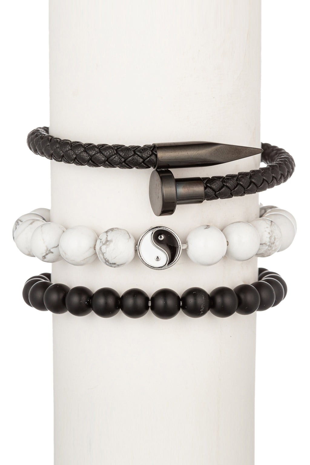 Black tone titanium beaded bracelet set with a yin & yang pendant set on howlite & onyx beads.