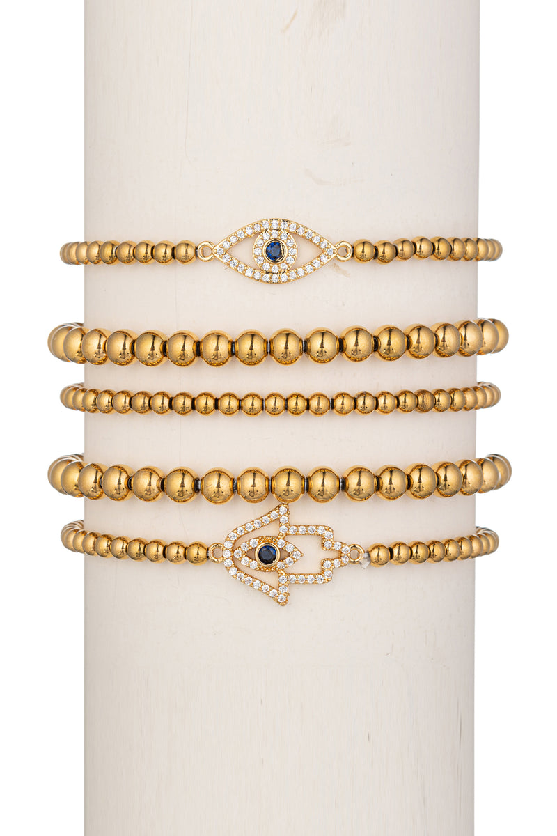 5-piece bracelet set with an eye and hamsa hand pendant studded with CZ crystals.
