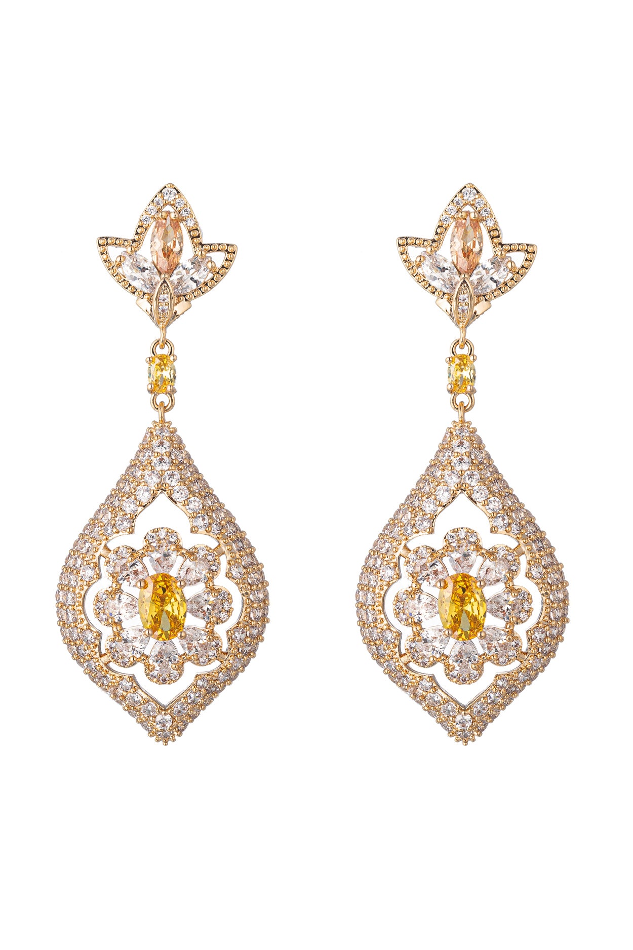 Gold tone brass drop earrings studded with CZ crystals.