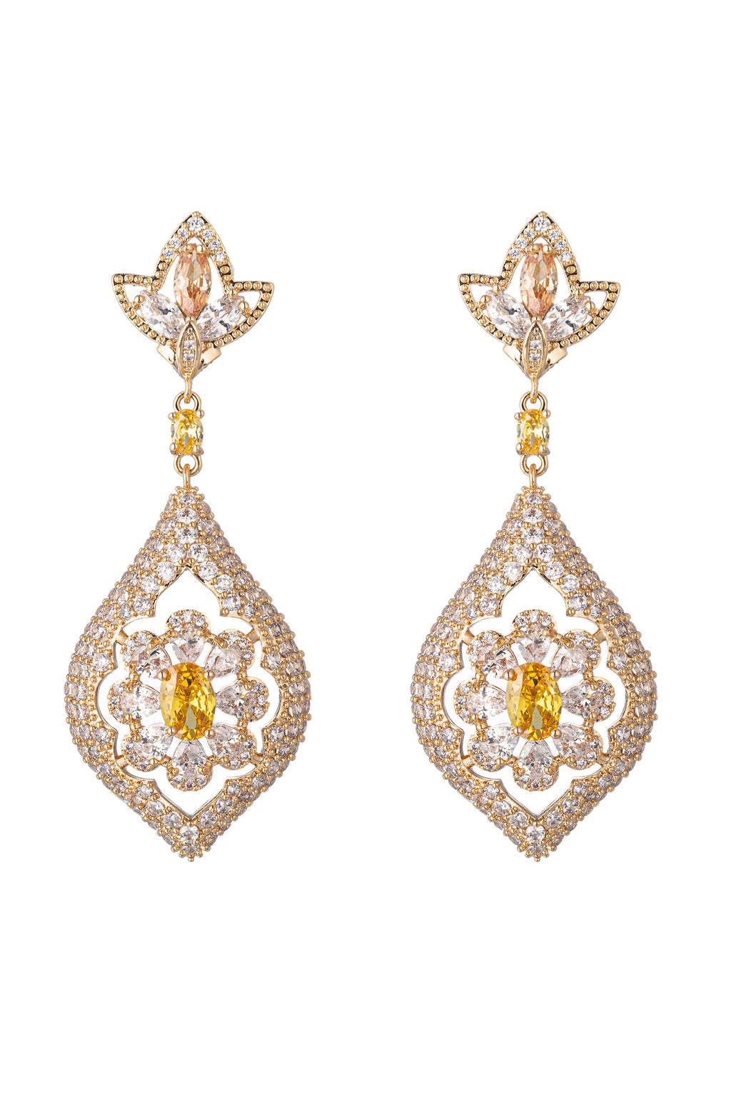 Gold tone brass drop earrings studded with CZ crystals.