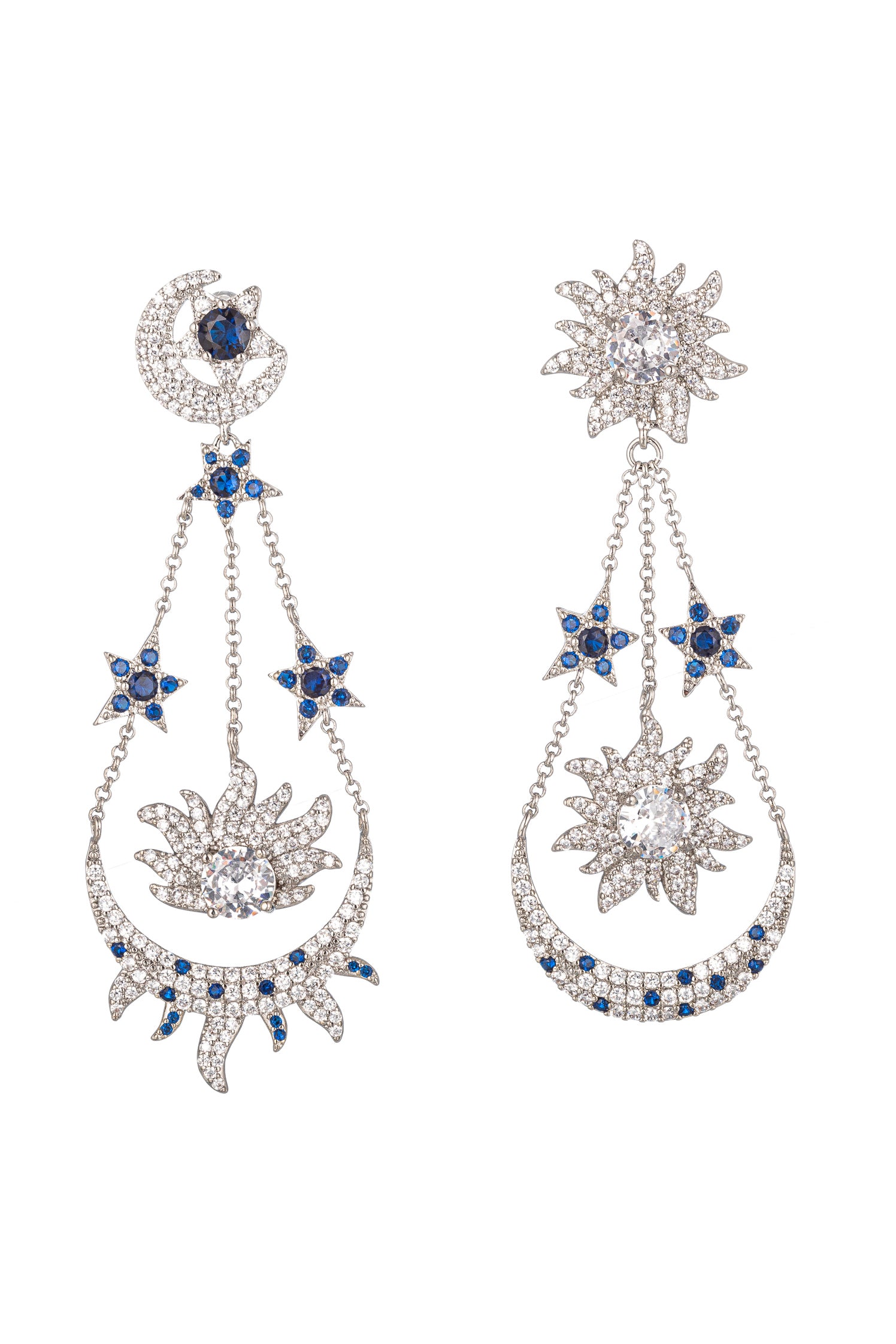 Silver brass sun and moon drop earrings studded with CZ crystals. 
