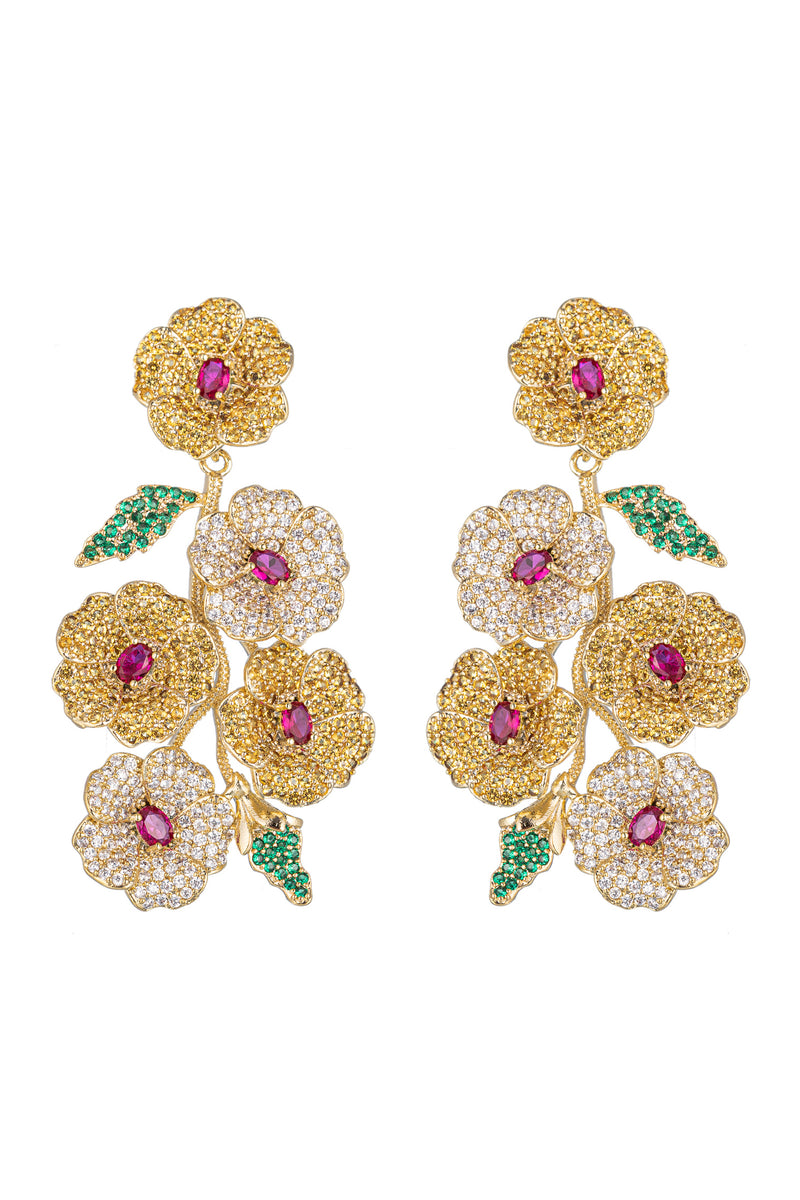 Gold brass flower drop earrings studded with multicolored CZ crystals.