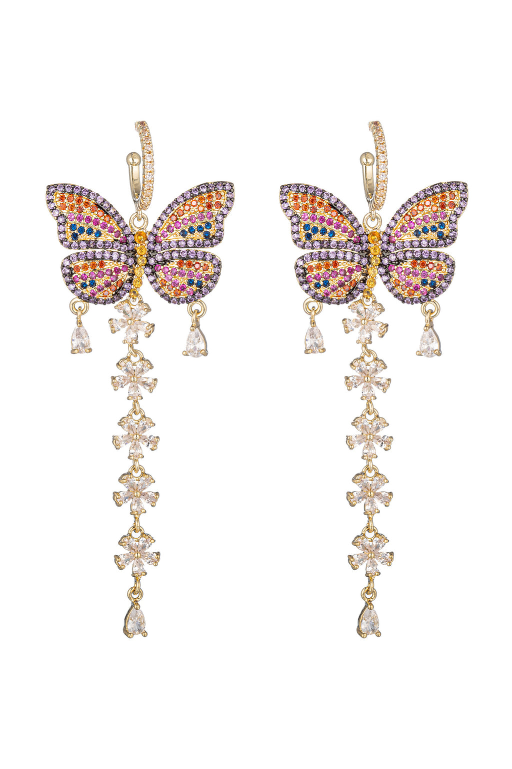 Gold tone brass pink butterfly huggie earrings studded with multicolored CZ crystals.