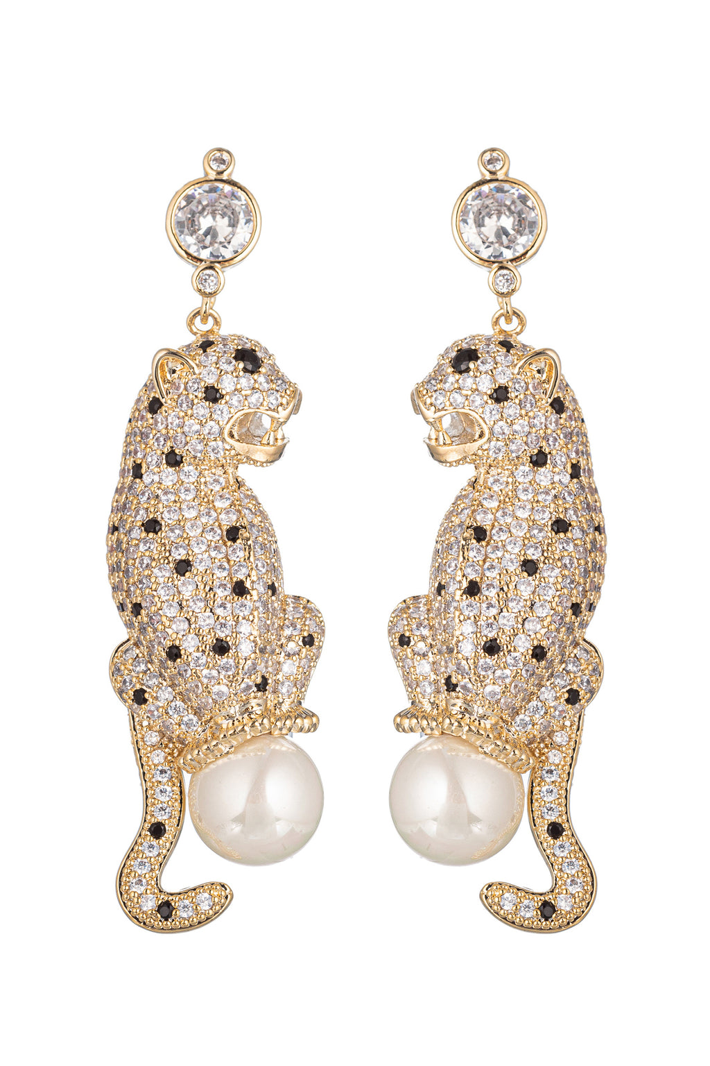 Gold tone brass double leopard drop earrings studded with CZ crystals.