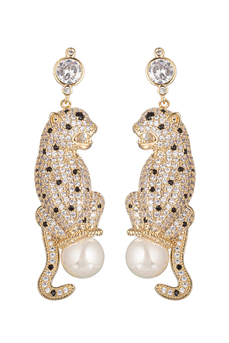 Gold tone brass double leopard drop earrings studded with CZ crystals.