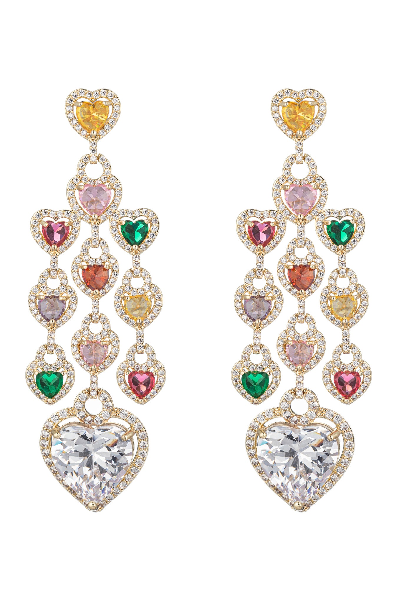 Gold tone brass heart pendant earrings studded with CZ crystals.