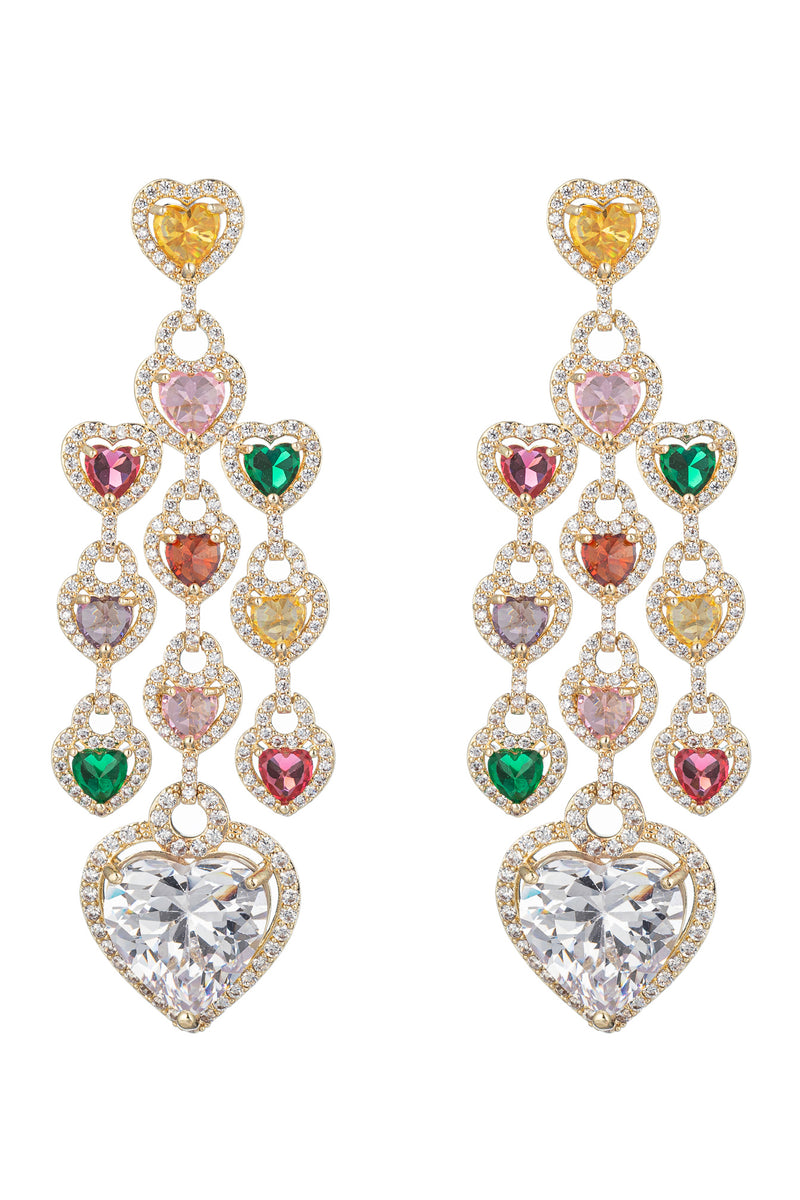 Gold tone brass heart pendant earrings studded with CZ crystals.